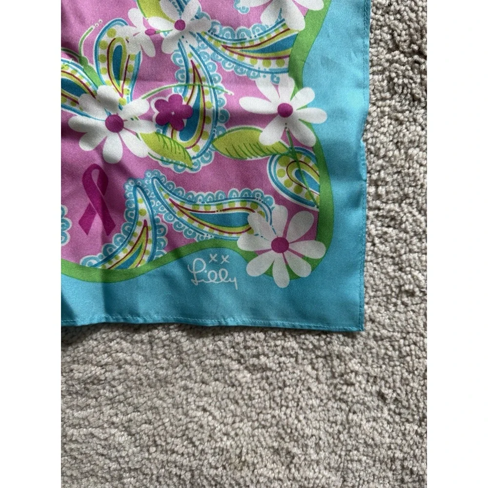 Lilly Pulitzer Ford Breast Cancer Aqua Blue Pink Floral 100% Silk Scarf 55